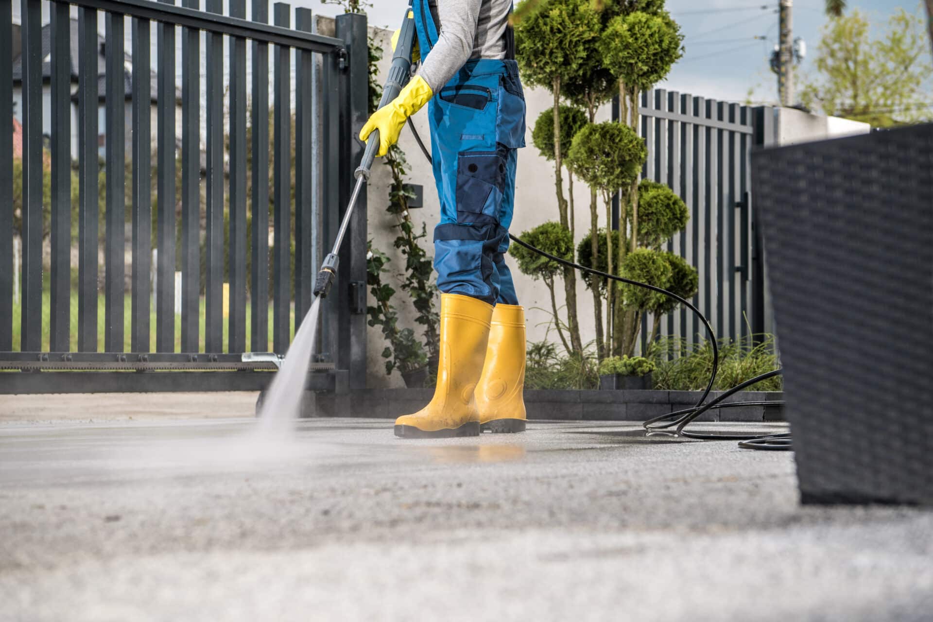 Contractor pressure-washing a driveway for fresh curb appeal