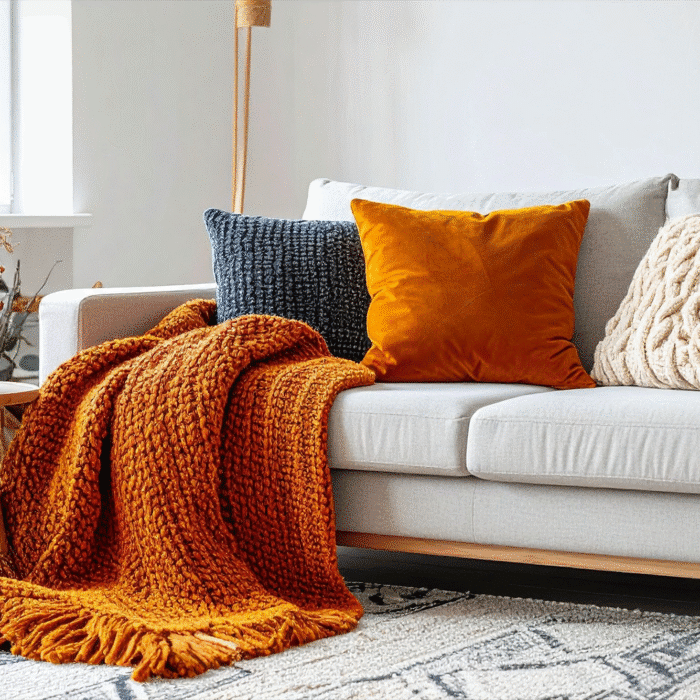 Neutral living room staged with plants after a declutter before fall for home sale prep