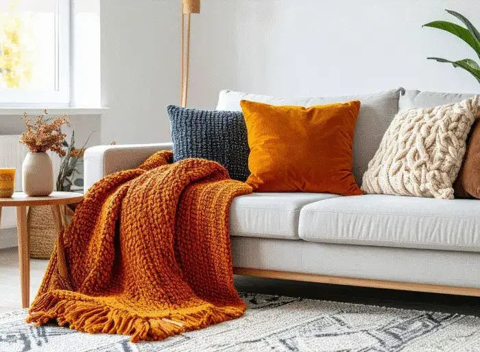 Neutral living room staged with plants after a declutter before fall for home sale prep