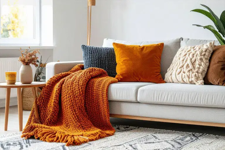 Neutral living room staged with plants after a declutter before fall for home sale prep