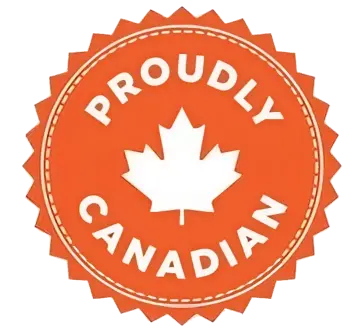 Orange Proudly Canadian badge with white maple leaf icon.