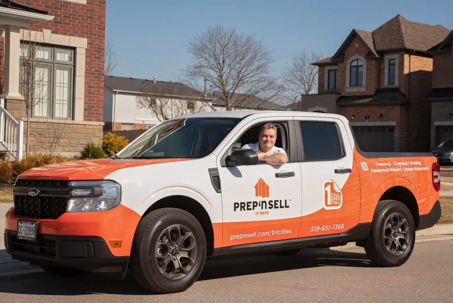 Prep'n Sell Tri-Cities home services franchise owner in his branded truck parked in a suburban neighbourhood