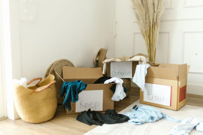 Boxes sorted for keeping, donating and selling while clearing a home